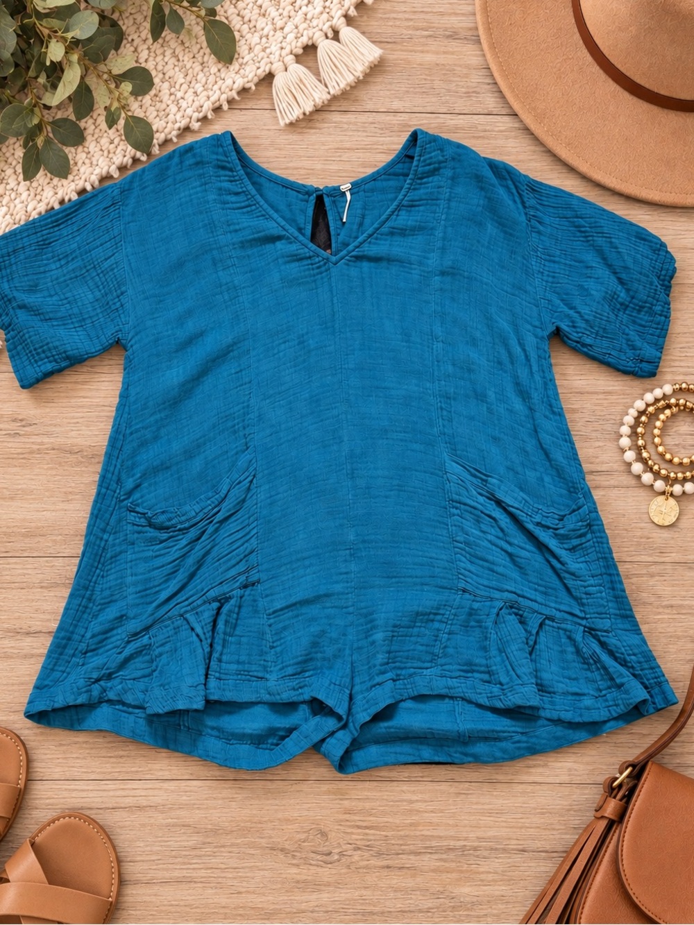 Free People Teal Cotton Gauze Romper Tunic Oversized Boho Ruffle Hem L